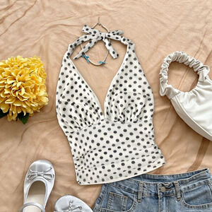 Zara Polka Dot Mesh Halter DeepV Ruched Crop Top Backless Vacation